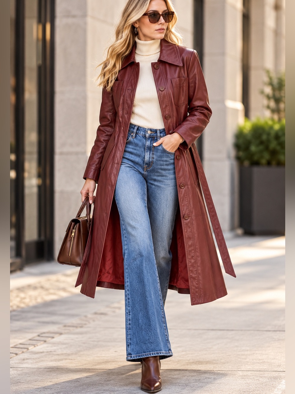 Vintage 1970s Opera Burgundy Genuine Leather Belted Trench Coat size S
